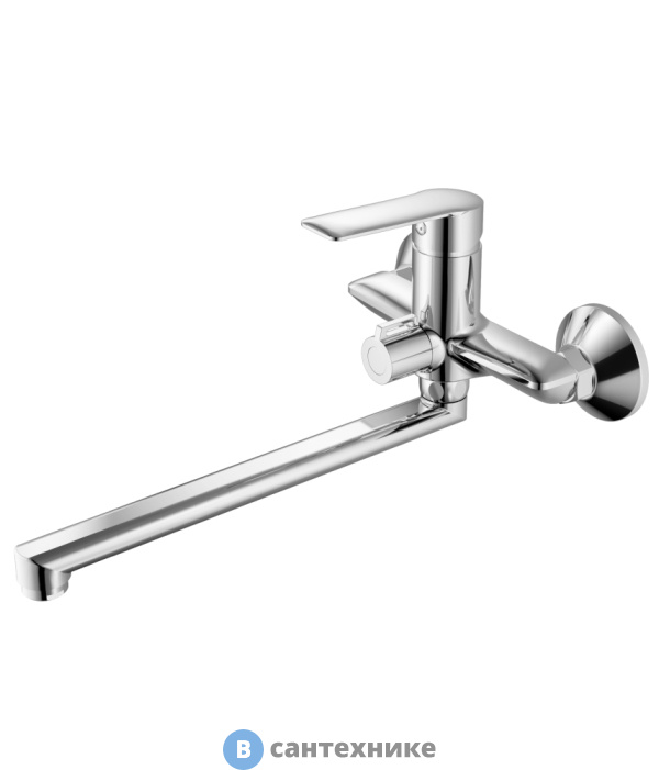 Смеситель Agger Clean A2421100 однозахватный универсальный с длинным поворотным изливом 350 мм, с душевым набором (шланг, лейка, держатель)