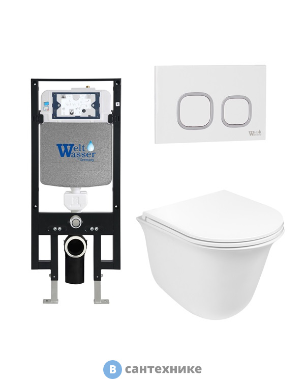 Унитаз с инсталляцией WELTWASSER и кнопкой смыва (AMBERG 497 + TELBACH 004 GL-WT + AMBERG RD-WT)