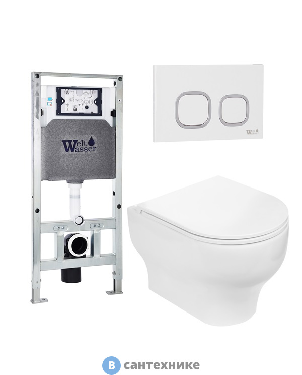 Унитаз с инсталляцией WELTWASSER и кнопкой смыва (AMBERG 506 ST + ERLENBACH 004 GL-WT + AMBERG RD-WT)