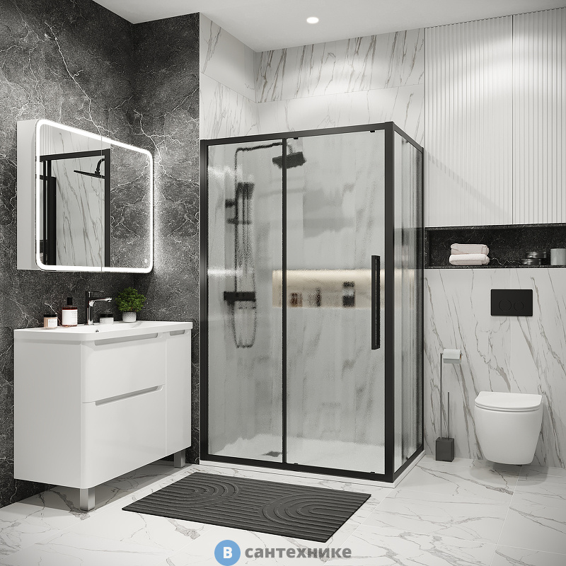 Душевое ограждение Grossman Cosmo 100.K33.02.130.21.02-200.K33.02.100.21.02 (130х100х195) раздвижная (левая), черный матовый, стекло шиншилла (120.K33.02.1310.21.02)