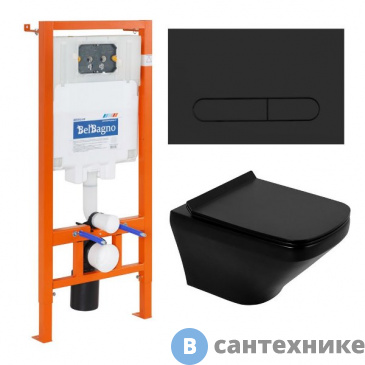 картинка Комплект BelBagno 4 в 1 BB3201CHR-MB/BB3201SC-MB/BB002-80/BB007-PR-NERO.M (унитаз подвесной BelBagno SELA BB3201CHR-MB с сиденьем BB3201SC-MB + система инсталляции для унитазов BelBagno BB002-80 с кнопкой смыва)