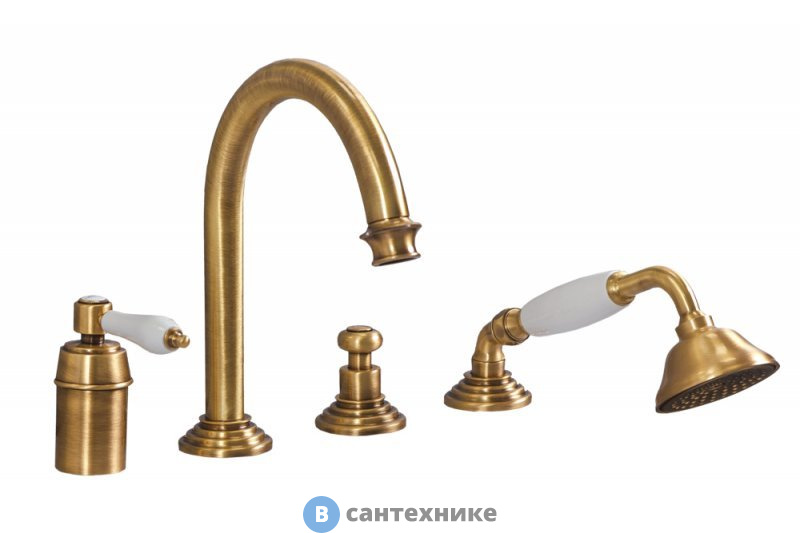 Смеситель Cezares APHRODITE-BVDM-02-Bi на борт ванны с выдвижным душем и переключателем, бронза, ручки белые