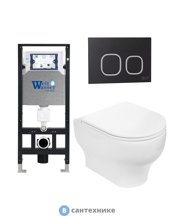 Унитаз с инсталляцией WELTWASSER и кнопкой смыва (AMBERG 506 + ERLENBACH 004 GL-WT + AMBERG RD-BL)