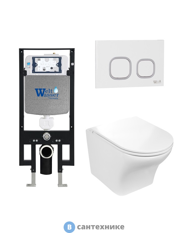 Унитаз с инсталляцией WELTWASSER и кнопкой смыва (AMBERG 497 + ODENBACH 004 GL-WT + AMBERG RD-WT)