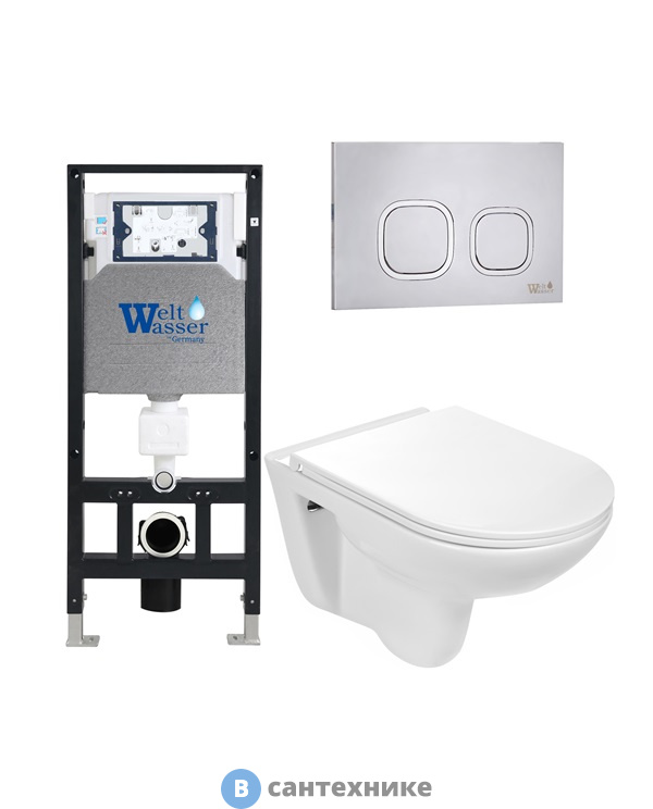 Унитаз с инсталляцией WELTWASSER и кнопкой смыва (AMBERG 506 + BAARBACH 004 GL-WT + AMBERG RD-MT CR)