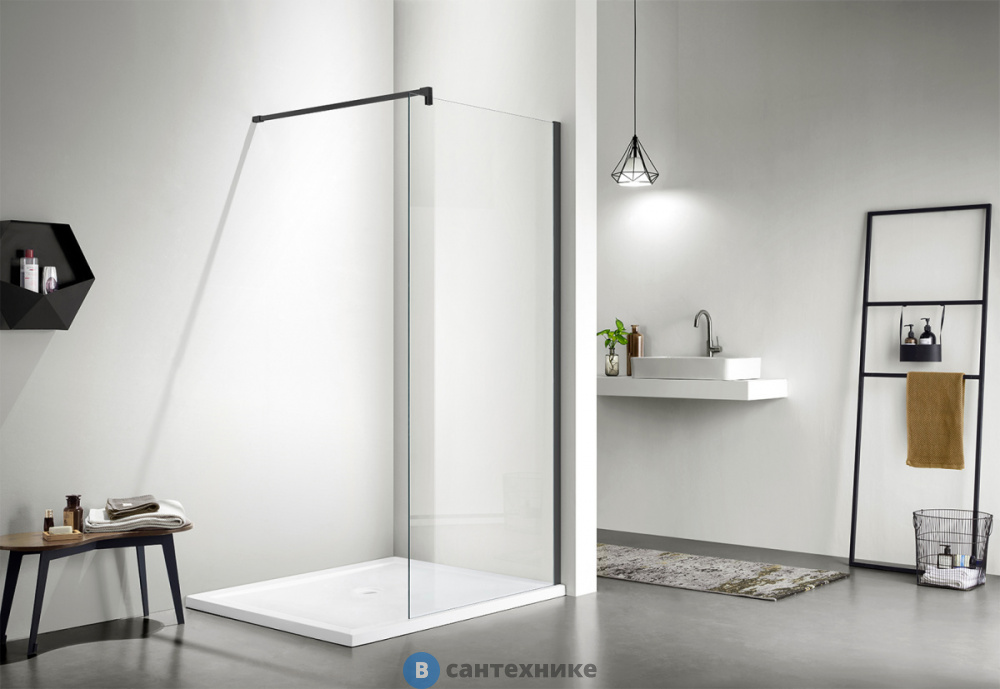 Душевая перегородка AZARIO CHICAGO Walk-in 1000*1950 прозрачное стекло 8 мм, Easy Clean кронштейн 1000 мм, профиль черный (AZ-NAR6310 1000 Black)