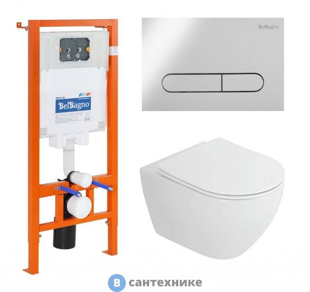 Комплект BelBagno 4 в 1 CZR-6601-TH-TOR/CZR2316SC/BB002-80/BB005-PR-CHROME (унитаз подвесной Cezares STYLUS-TOR CZR-6601-TH-TOR с сид-ем CZR-2316-SC + система инст. для унит-в BB002-80 с кн.смыва BB005-PR-CHROME)