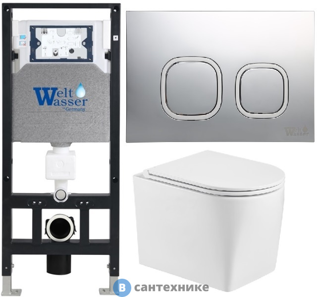 Унитаз с инсталляцией WELTWASSER и кнопкой смыва (AMBERG 506 + NESENBACH 004 GL-WT + AMBERG RD-MT CR)