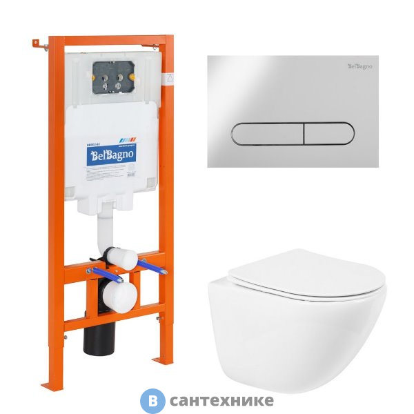 Комплект BelBagno 4 в 1 BB051CHR/BB051SC/BB002-80/BB005-PR-CHROME (унитаз подвесной BelBagno AMANDA BB051CHR с сиденьем BB051SC + система инсталляции для унитазов BelBagno BB002-80 с кнопкой смыва BB005)
