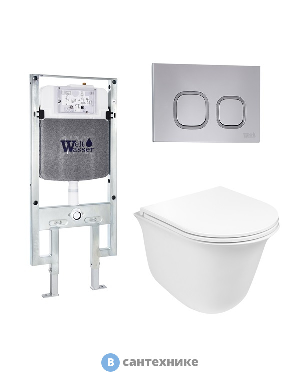 Унитаз с инсталляцией WELTWASSER и кнопкой смыва (AMBERG 497 ST + TELBACH 004 GL-WT + AMBERG RD-CR)