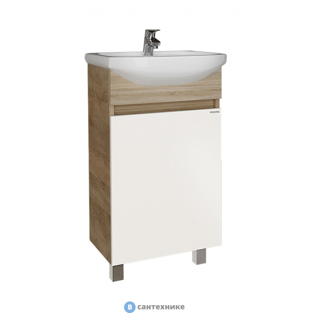 Тумба под раковину Grossman ПОЛО-45 см напольная (разобранный вид) дуб сонома/белая (ум.Уют-45) (104501-1)