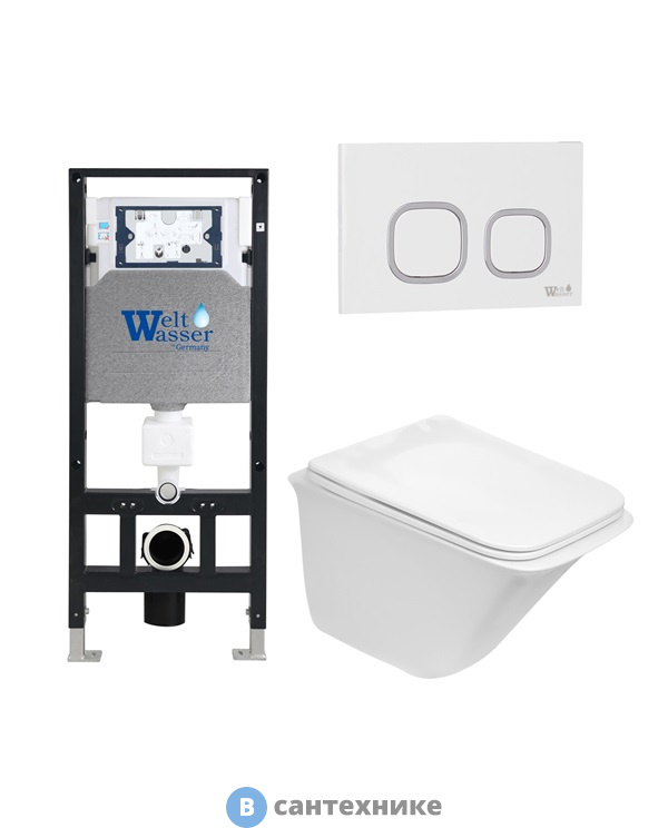 Унитаз с инсталляцией WELTWASSER и кнопкой смыва (AMBERG 506 + ROTBACH 004 GL-WT + AMBERG RD-WT)