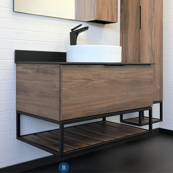 Тумба Comforty Порто-90 дуб тёмно-коричневый с чёрной столешницей, c раковиной COMFORTY 9110