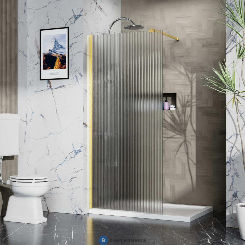 Душевая перегородка Azario 110x195-BGL-CRF Walk-in, рифленое стекло 8 мм, профиль брашированное золото (AZ-251-110-BGL-CRF)