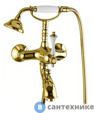 картинка Смеситель Cezares MARGOT-VDM-03/24-Bi для ванны с ручным душем, золото, ручка белая