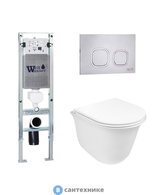 Унитаз с инсталляцией WELTWASSER и кнопкой смыва (AMBERG 350 ST + TELBACH 004 GL-WT + AMBERG RD-MT CR)