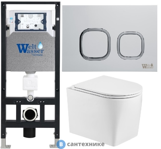 Унитаз с инсталляцией WELTWASSER и кнопкой смыва (AMBERG 506 + NESENBACH 004 GL-WT + AMBERG RD-WT)