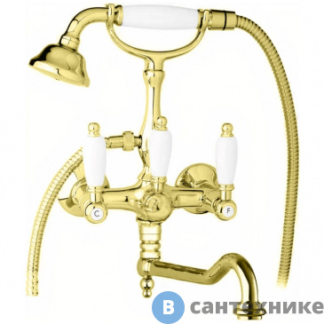 картинка Смеситель Cezares FIRST-VDF-03/24-Bi для ванны с поворотным изливом, с ручным душем, золото, ручки белые