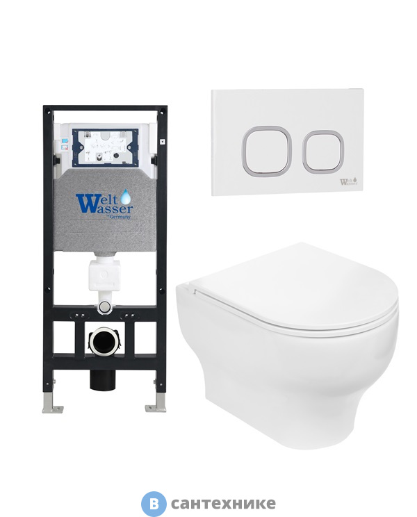 Унитаз с инсталляцией WELTWASSER и кнопкой смыва (AMBERG 506 + ERLENBACH 004 GL-WT + AMBERG RD-WT)
