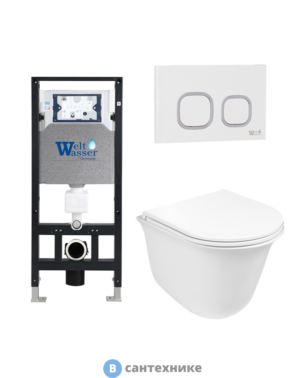 Унитаз с инсталляцией WELTWASSER и кнопкой смыва (AMBERG 506 + TELBACH 004 GL-WT + AMBERG RD-WT)