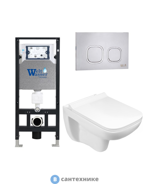 Унитаз с инсталляцией WELTWASSER и кнопкой смыва (AMBERG 506 + KEHLBACH 004 GL-WT + AMBERG RD-MT CR)