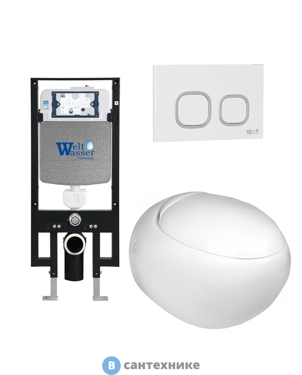 Унитаз с инсталляцией WELTWASSER и кнопкой смыва (AMBERG 497 + JECKENBACH 004 GL-WT + AMBERG RD-WT)