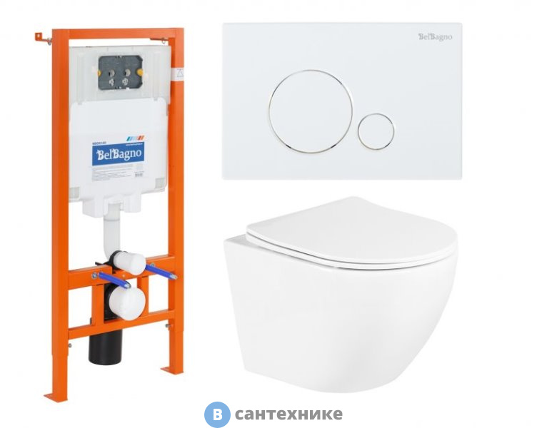 Комплект BelBagno 3 в 1 BB3105CHR/SC/BB002-80/BB014-SR-BIANCO (унитаз подвесной с сиденьем BelBagno UNO BB3105CHR/SC + система инсталляции для унитазов BelBagno BB002-80 с кнопкой смыва BB014-SR-BI)