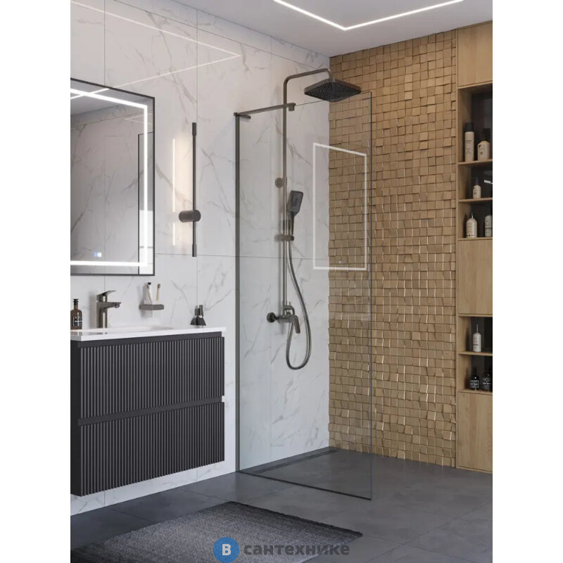 Душевая перегородка BelBagno UNO-L-1-TB-90-C-GM универсальная с односторонним входом, стекло прозрачное, профиль Оружейная сталь, 900x2000 мм