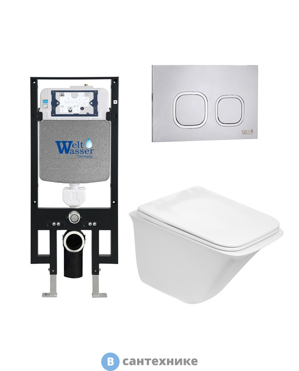 Унитаз с инсталляцией WELTWASSER и кнопкой смыва (AMBERG 497 + ROTBACH 004 GL-WT + AMBERG RD-MT CR)