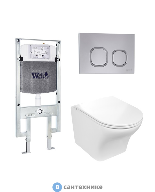 Унитаз с инсталляцией WELTWASSER и кнопкой смыва (AMBERG 497 ST + ODENBACH 004 GL-WT + AMBERG RD-CR)