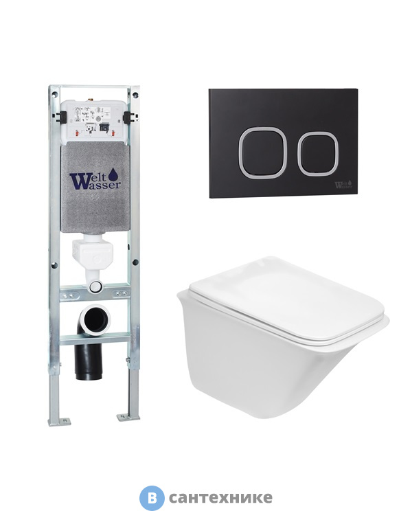 Унитаз с инсталляцией WELTWASSER и кнопкой смыва (AMBERG 350 ST + ROTBACH 004 GL-WT + AMBERG RD-BL)