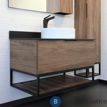 картинка Тумба Comforty Порто-90 дуб тёмно-коричневый с чёрной столешницей, c раковиной COMFORTY 9110