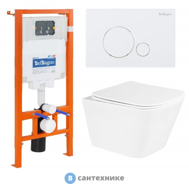 Комплект BelBagno 3 в 1 BB3103CHR/SC/BB002-80/BB014-SR-BIANCO (унитаз подвесной с сиденьем BelBagno DUE BB3103CHR/SC + система инсталляции для унитазов BelBagno BB002-80 с кнопкой смыва BB014-SR-BI)