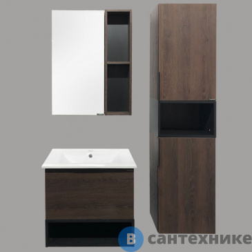 картинка Комплект мебели Comforty Франкфурт-60 дуб шоколадно-коричневый (зеркало+тумба+раковина) (витрина)
