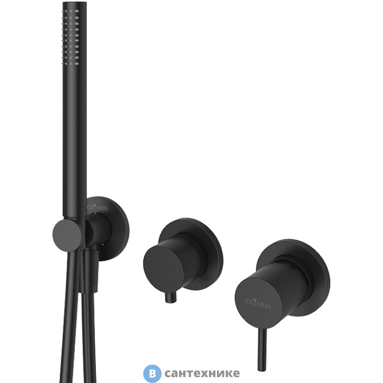 Смеситель Cezares LEAF-DIM3-D-L-NOP встраиваемый для душа с переключателем на 3 выхода, в комплекте с ручным душем, Чёрный матовый