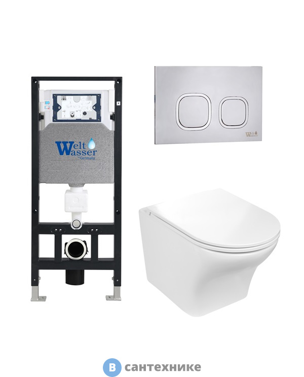 Унитаз с инсталляцией WELTWASSER и кнопкой смыва (AMBERG 506 + ODENBACH 004 GL-WT + AMBERG RD-MT CR)