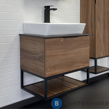 картинка Тумба Comforty Порто-60 дуб тёмно-коричневый с черной столешницей №8 c раковиной COMFORTY 9055RA-50