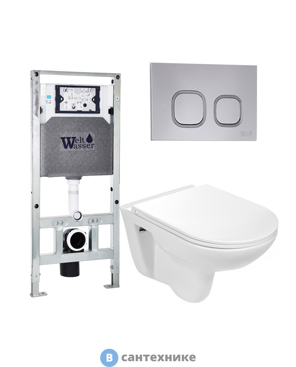 Унитаз с инсталляцией WELTWASSER и кнопкой смыва (AMBERG 506 ST + BAARBACH 004 GL-WT + AMBERG RD-CR)