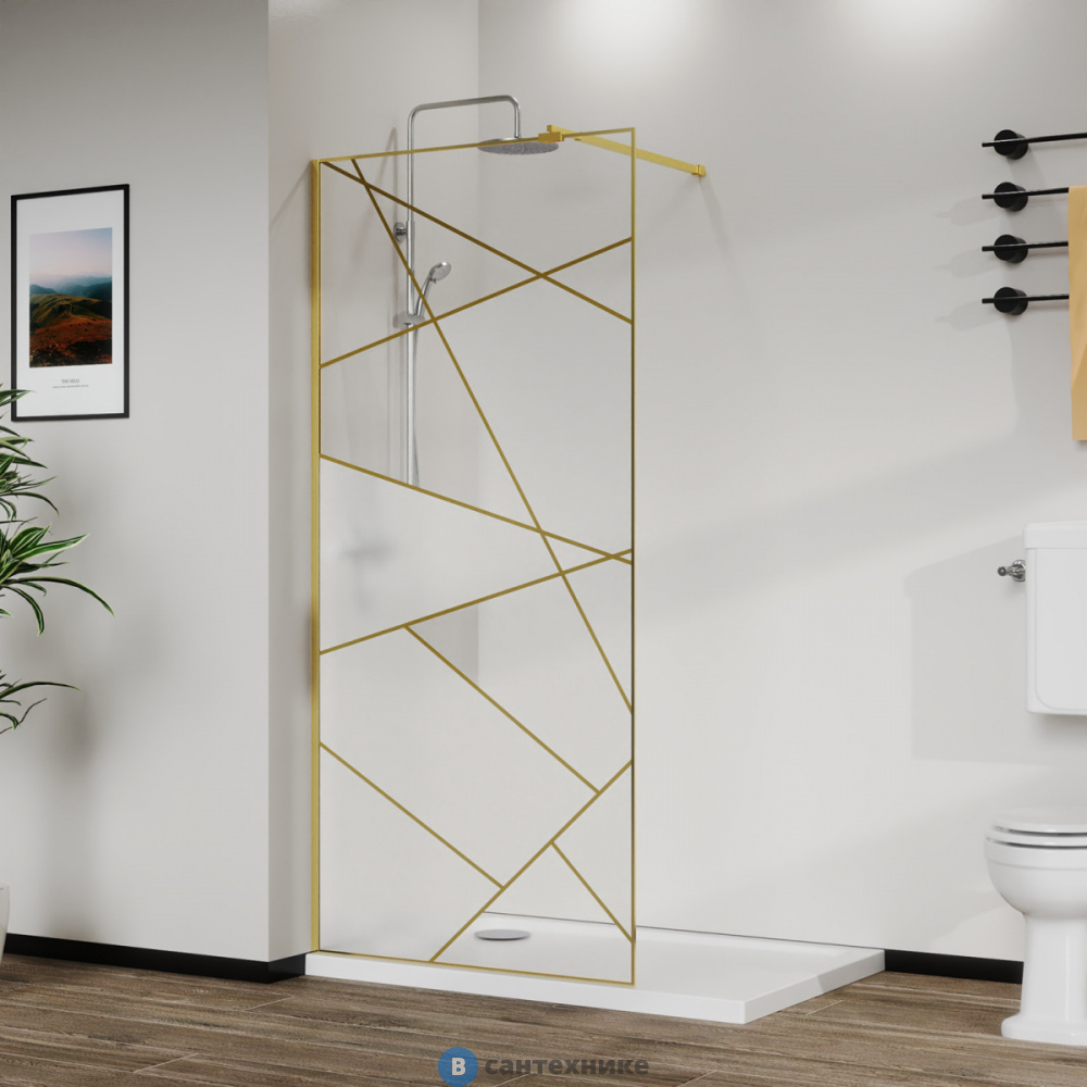 Душевая перегородка Azario 110x195-BGL-CGP Walk-in, в рамке, графический принт 8 мм, профиль брашированное золото (AZ-271-110-BGL-CGP)