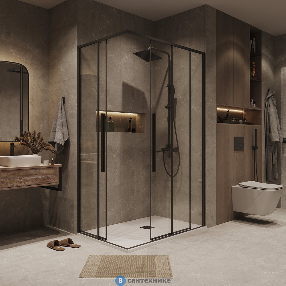 Душевое ограждение Grossman Galaxy 300.K33.01.1080.21.00 (100х80х195) раздвижная, черный матовый, стекло прозрачное