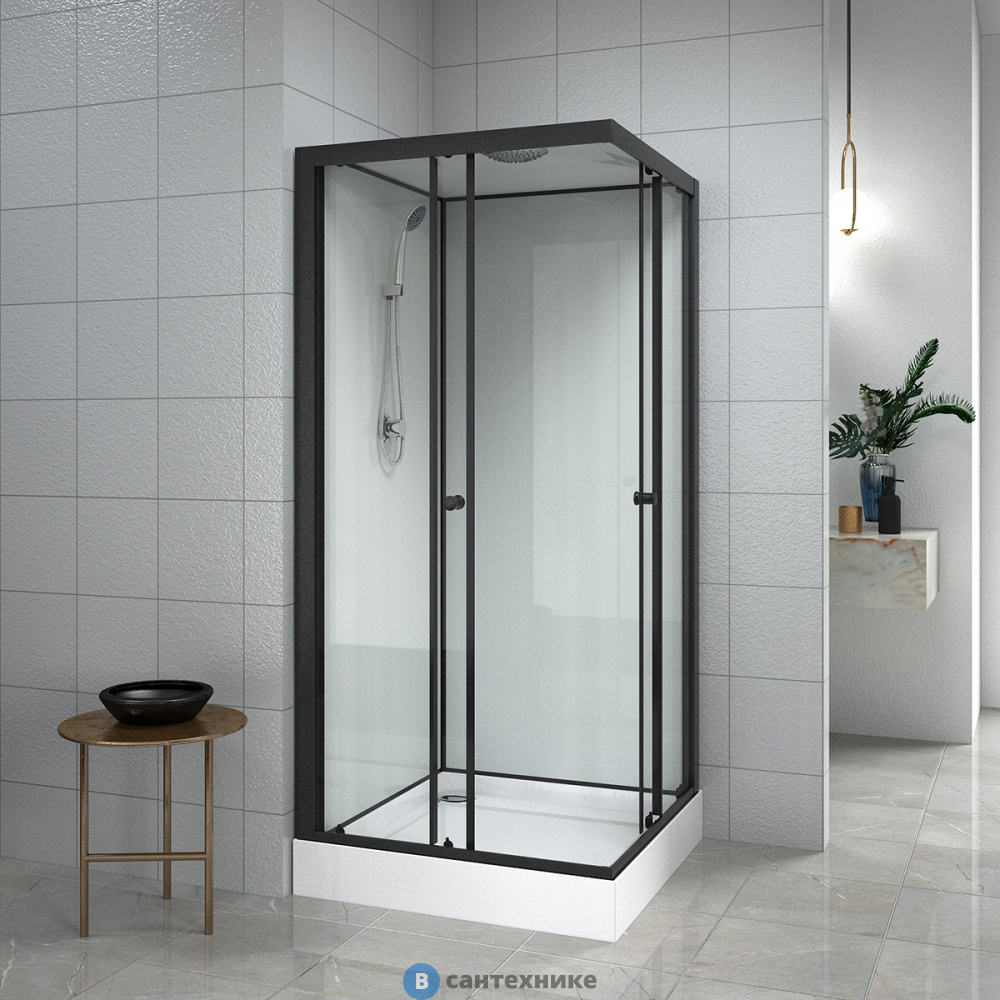 Душевая кабина Loranto CS-22110 90x90x(190+15) см с низким поддоном 15см, прозрачное стекло 5 мм, задние стенки белые, профиль черный-мат
