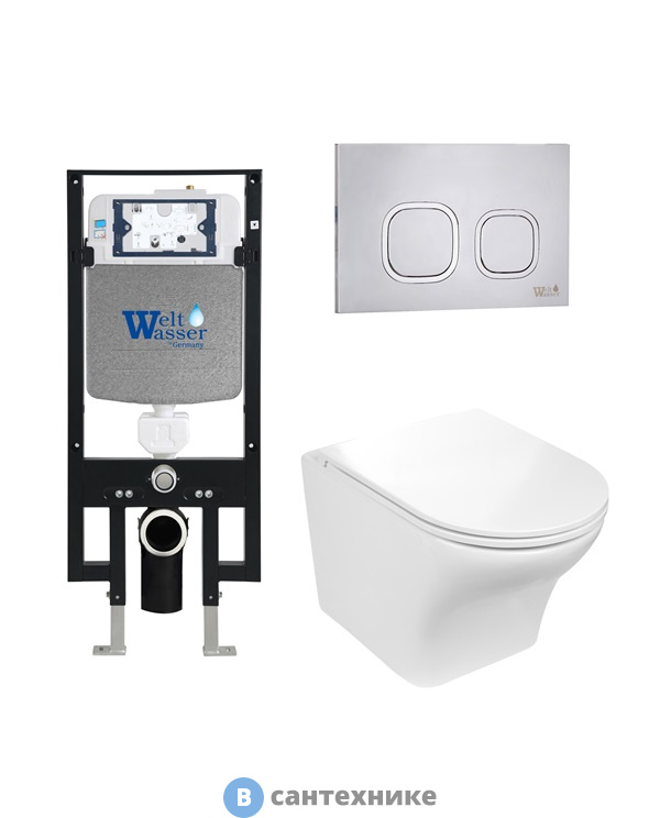 Унитаз с инсталляцией WELTWASSER и кнопкой смыва (AMBERG 497 + ODENBACH 004 GL-WT + AMBERG RD-MT CR)