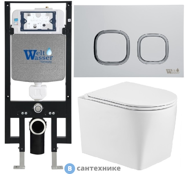 Унитаз с инсталляцией WELTWASSER и кнопкой смыва (AMBERG 497 + NESENBACH 004 GL-WT + AMBERG RD-WT)