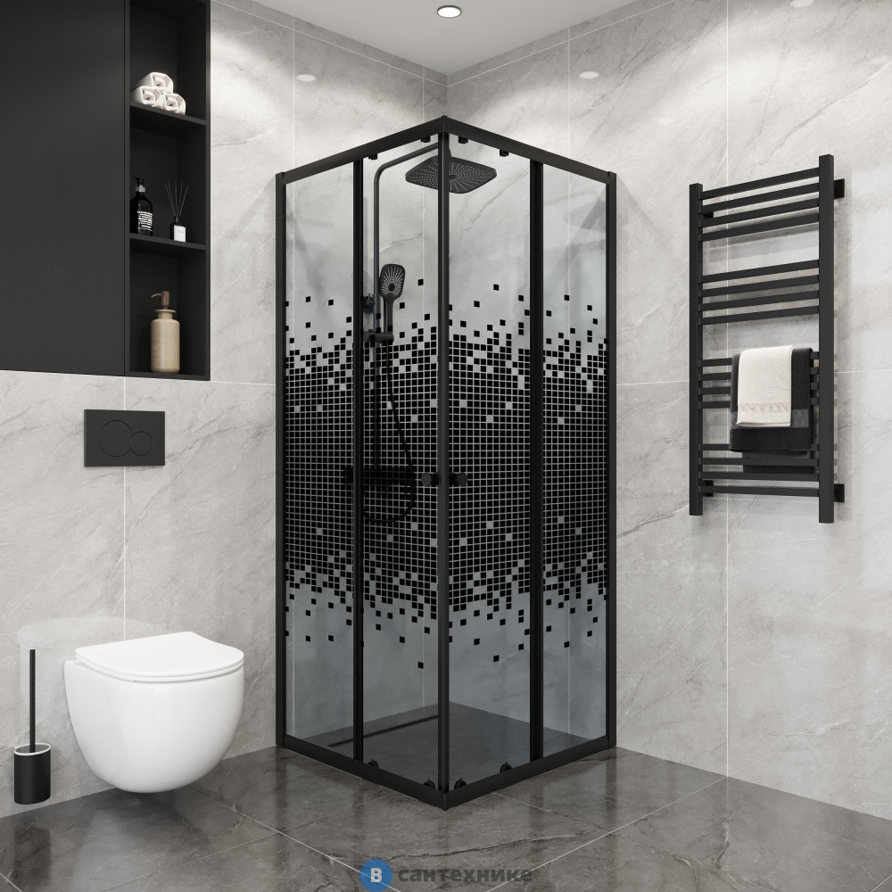 Душевое ограждение Niagara Eco NG-1008-14Q BLACK (80х80х190) квадрат, раздвижное, черный, стекло мозаика