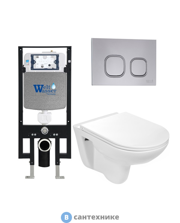 Унитаз с инсталляцией WELTWASSER и кнопкой смыва (AMBERG 497 + BAARBACH 004 GL-WT + AMBERG RD-CR)