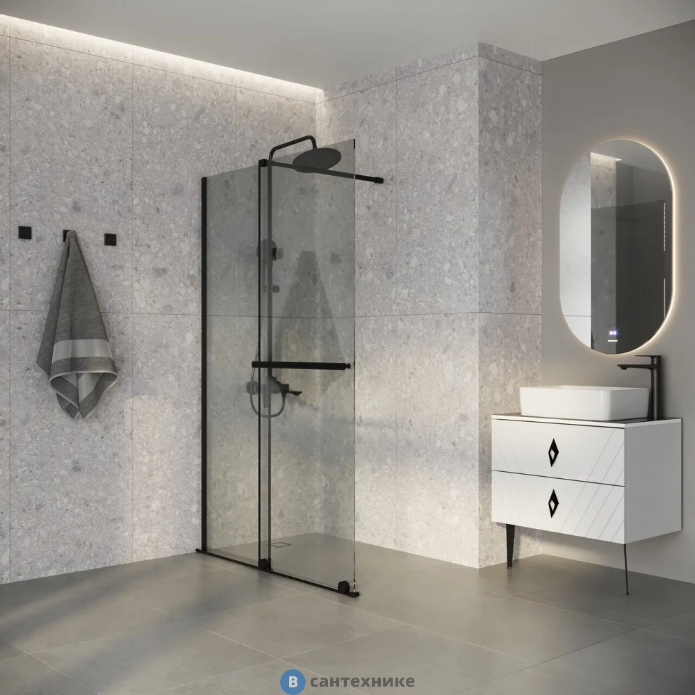 Душевая перегородка Niagara Nova NG-671-90 BLACK (90х200) черный матовый, раздвижная, стекло прозрачное