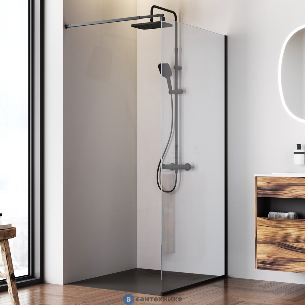 Душевая перегородка АМ.РМ W84WI-100-F1-BTE Func 100x200, стекло прозр. 8 мм, профиль чёрный