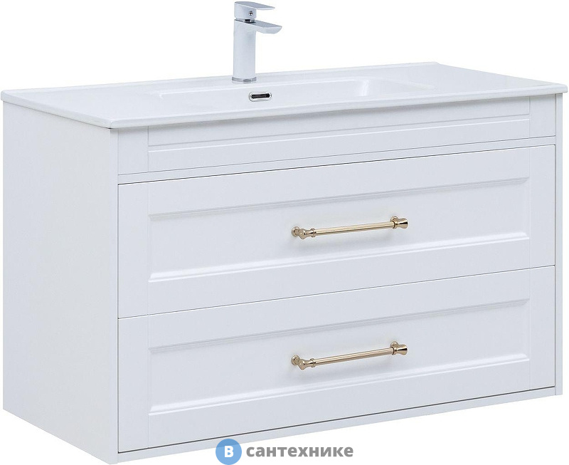 Тумба с раковиной Aquanet Бостон new 100 (Flat) цв.белый сатин, ручки золото (347849)