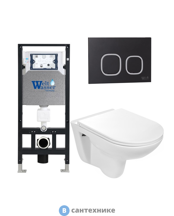 Унитаз с инсталляцией WELTWASSER и кнопкой смыва (AMBERG 506 + BAARBACH 004 GL-WT + AMBERG RD-BL)