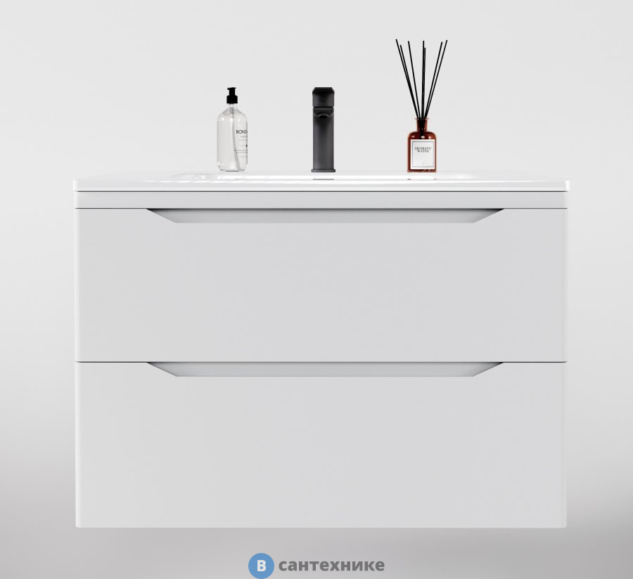 Тумба под раковину Style line подвесная Марелла 80 (2 ящ.) Люкс антискрейтч белый матовый, PLUS (2000949237695)